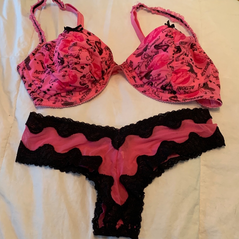 Pin Up Girl 36C Pink Black Bra Panty Set